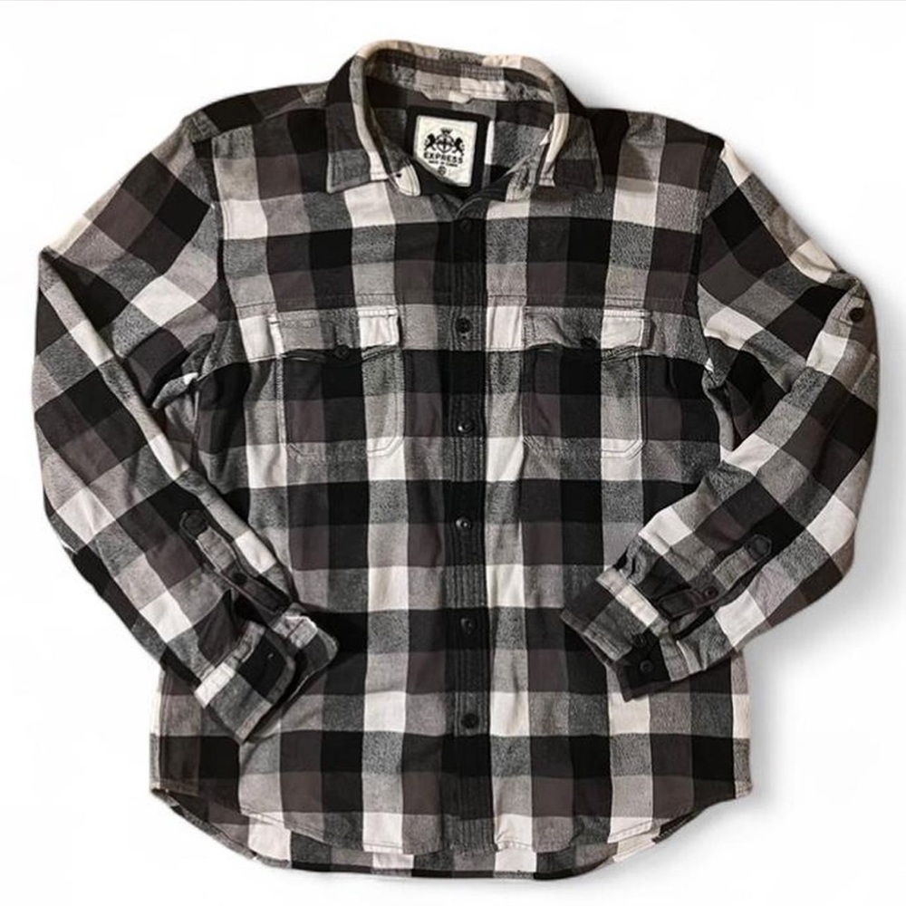 Vintage Express Black Grey Plaid Flannel Shirt XL 100% Cotton